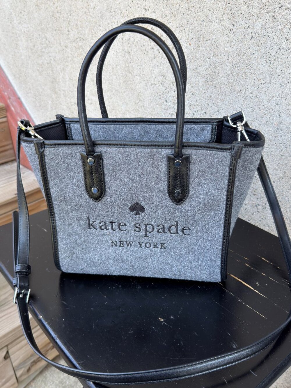 Kate Spade Ella Small Tote Felt Fabric Fleece Leather Grey K4863